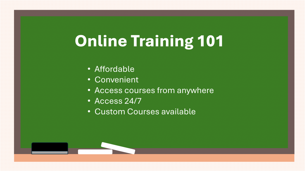 chalkboard with online training 101 and a list of items